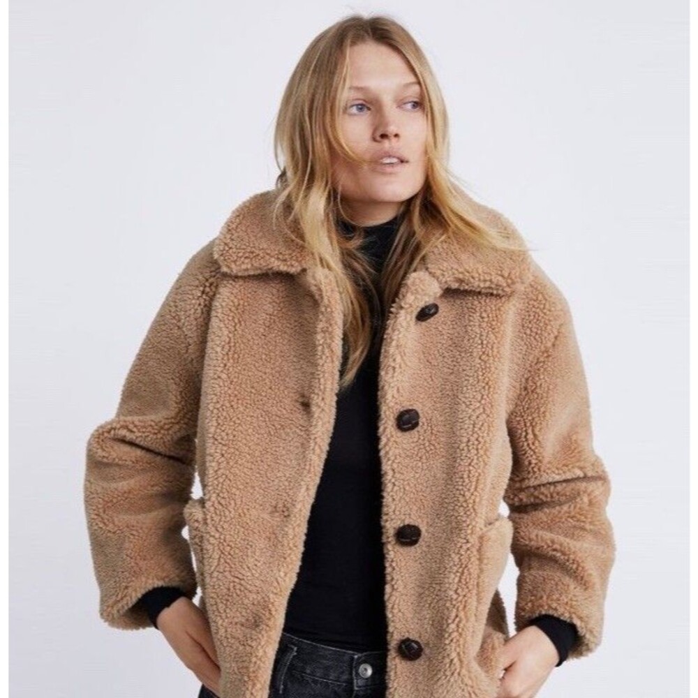 Zara Jacket Coat S Teddy Fleece Button Front Pockets Comfy Beige Tan